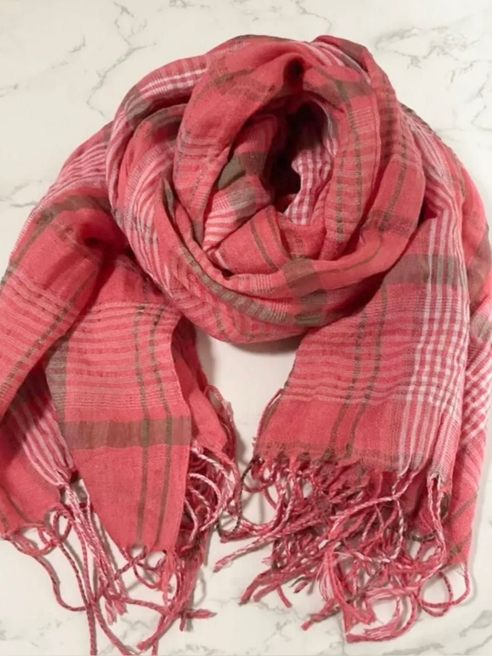 Talbots plaid scarf cape wrap Fringed Made In Italy Linen Blend Coral Striped